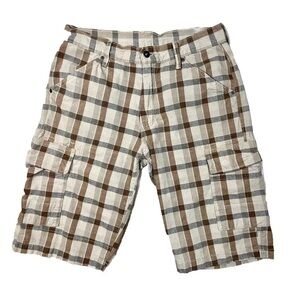 Levis Cargo Shorts Mens Sz 31 Brown Plaid White Tab Cotton Casual 11” Ins. Y2K